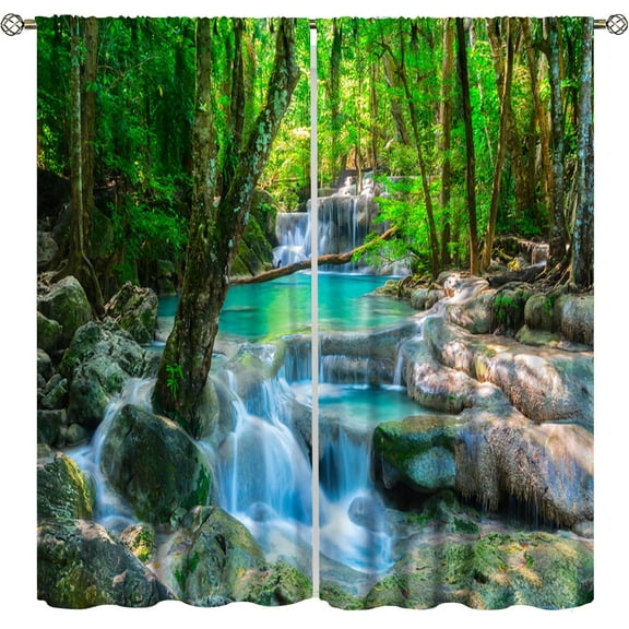 Waterfall Curtains, Spring Forest Nature Landscape Theme Pattern Print, Bedroom Living Room Blackout Curtains, 2 Panel Set, 84X84 Inch