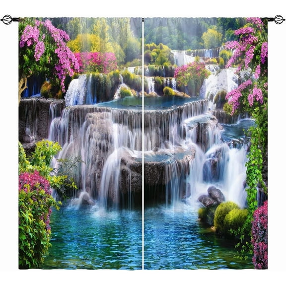 Waterfall Curtains - Spring Nature Theme Pink Red Floral Forest Landscape Scenery Print Pattern Waterproof Fabric Rod Pocket Window Drapes for Bedroom Living Room Dining Room 2 Panels W42 x L84