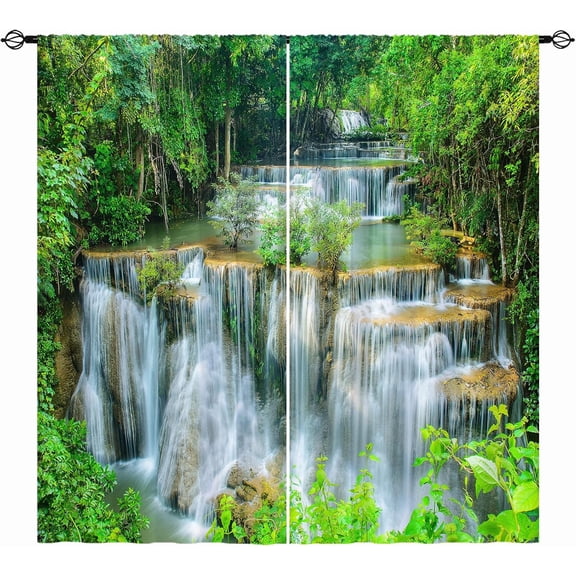 Waterfall Curtains - Summer Nature Theme Green Forest Tree Jungle Wild Landscape Print Pattern Waterproof Fabric Rod Pocket Window Drapes for Bedroom Living Room Dining Room 2 Panels W42 x L63