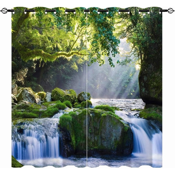 Waterfall Curtains, Wild Scene Nature Theme Mountain Stream Scenery Print Patterned Home Decor Waterproof Fabric Grommet Window Drapes for Bedroom Living Room Cafe Office 2 Panels W42 x L84