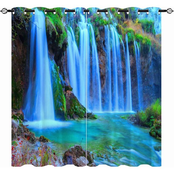 Waterfall Curtains, Wild Scene Nature Theme Mountain Stream Scenery Print Patterned Home Decor Waterproof Fabric Grommet Window Drapes for Kitchen Bedroom Living Room 2 Panels W27.5 x L39