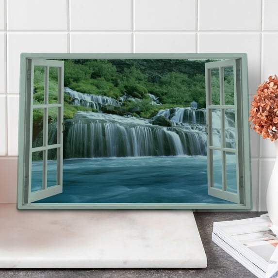Waterfall Cutting Board, Majestic Waterfall Landscape Through a Window Imaginary Secret Paradise Print, Decorative Tempered Glass Cutting and Serving Board, Large Size, Blue Green, by Ambesonne
