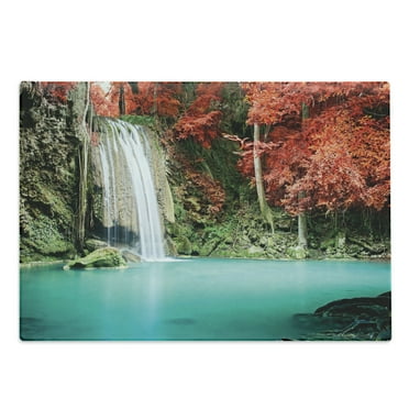 Waterfall Cutting Board, Nature Single River in Corner of the Deep Forest Fair Fall Oak Trees, Decorative Tempered Glass Cutting and Serving Board, Large Size, Red and Blue, by Ambesonne