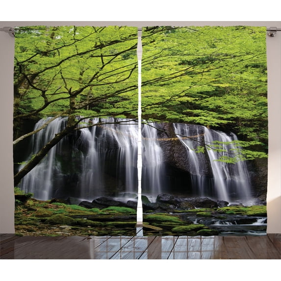 Ambesonne Scenery Curtains 2 Panel Set, Rock Tree in Waterfall, 108" x 84", Black White and Green