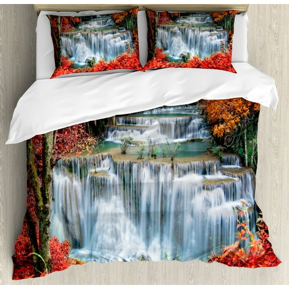 Waterfall Duvet Cover Set, Waterfalls Like Stairs in Forest Hidden in the Botanic Seasonal Trees, Decorative 3 Piece Bedding Set with 2 Pillow Shams, King Size, Orange Red and White, by Ambesonne