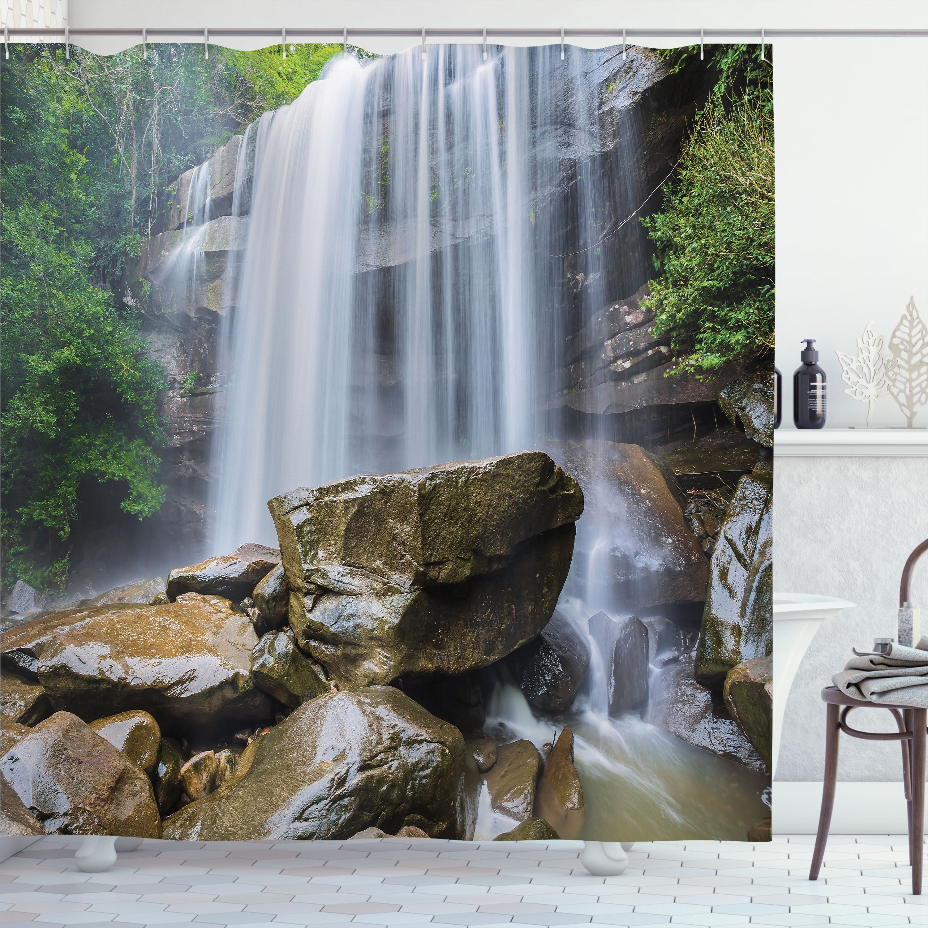 Waterfall Decor Shower Curtain, Waterfalls Surrounded by Rocks and