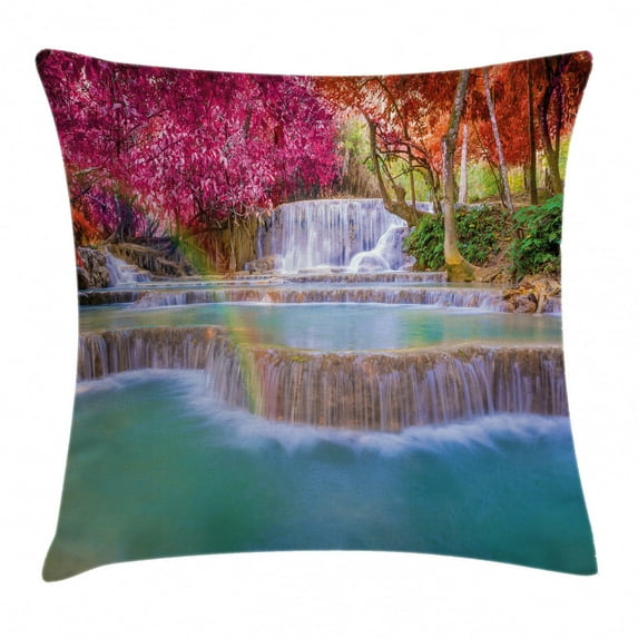 Waterfall Decor Throw Pillow Cushion Cover, Rain Forest in Vietnam Laos with Asian Pink and Orange Trees side of River Image, Decorative Square Accent Pillow Case, 18 X 18 Inches, Blue, by Ambesonne