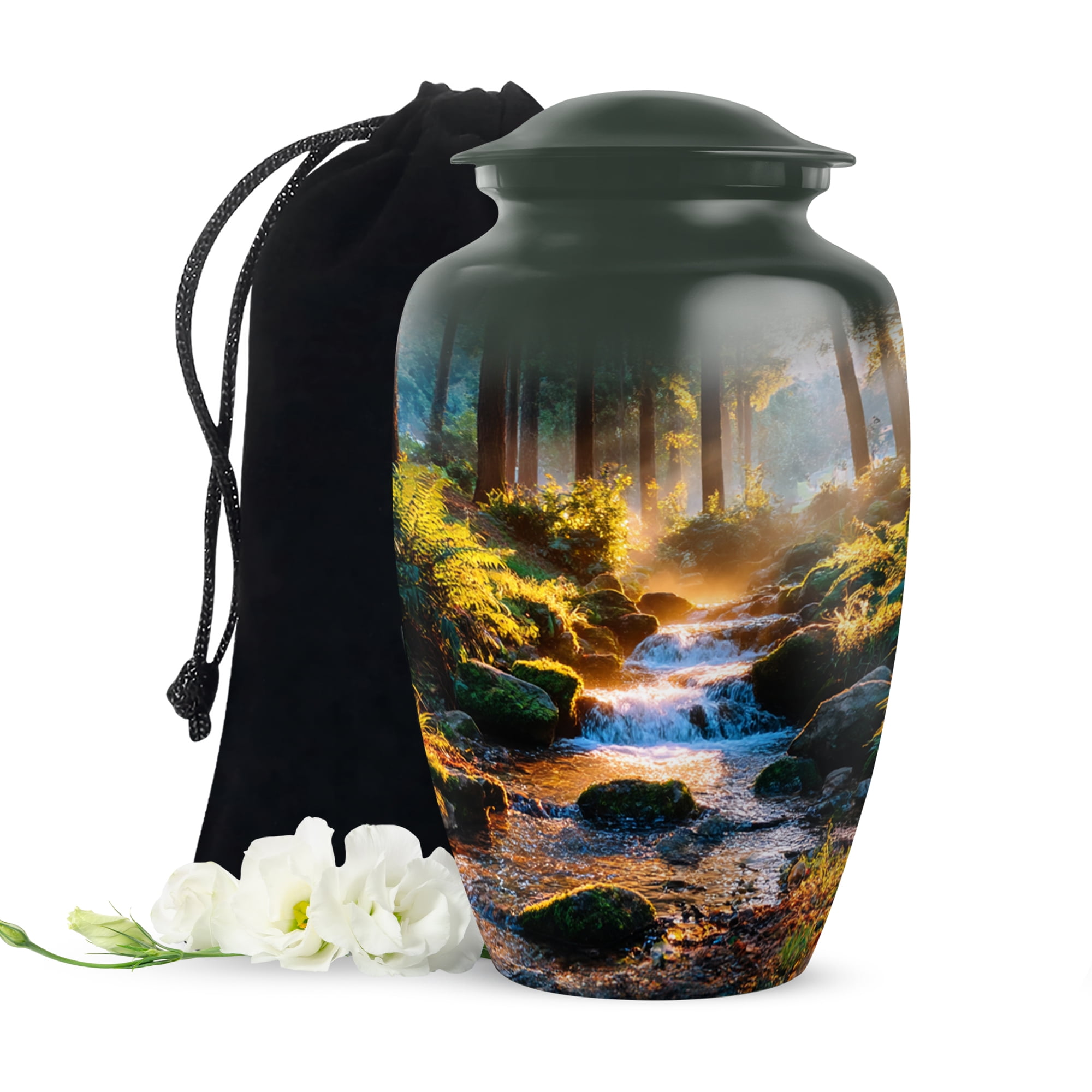 Waterfall Decorative Urn For Ashes Adult Male Large, Cremation Urns For Human Ashes Adult Male Dad, Green Urns For Man And Woman, Funeral Urn For Mother And Father, 10 Inch
