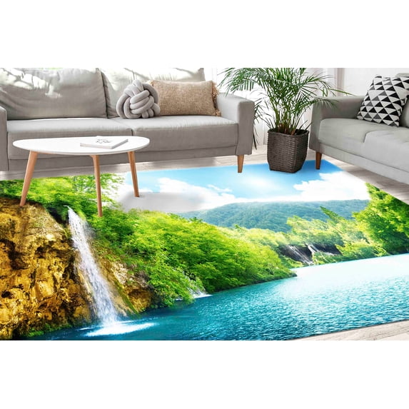 Waterfall in Deep Forest Rugs, Home Decor Rug, Forest View Rug, Easy To Clean Rug, View Rug, Forest Rug, Machine Washable Rug, Farmhouse Rug, 3.3'x9.2' - 100x280 cm