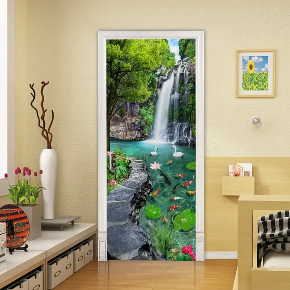 Waterfall Door Stickers Natural Fall Wallpaper Green Jungle Forest Landscape PVC Self-adhesive Mural