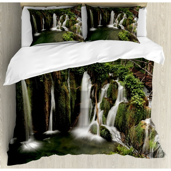 Waterfall Duvet Cover Set, Circled Waterfalls in Crotia Europe with a Rustic Wood Bridge Aside, Decorative 3 Piece Bedding Set with 2 Pillow Shams, Calking Size, Green and Brown, by Ambesonne