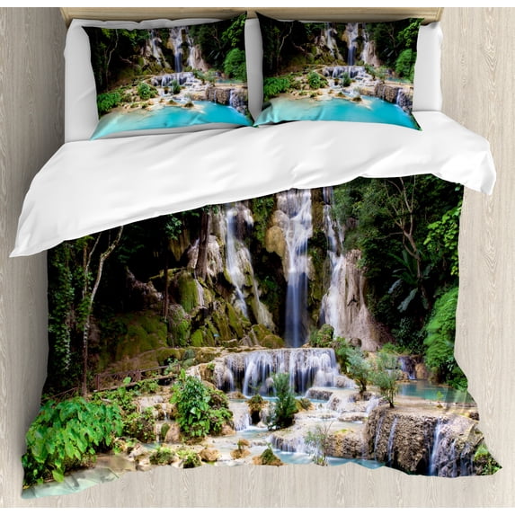 Waterfall Duvet Cover Set, Waterfall in Corner of Lake in Laos Surrounded by the Vietnamese Trees, Decorative 3 Piece Bedding Set with 2 Pillow Shams, Queen Size, Blue and Green, by Ambesonne