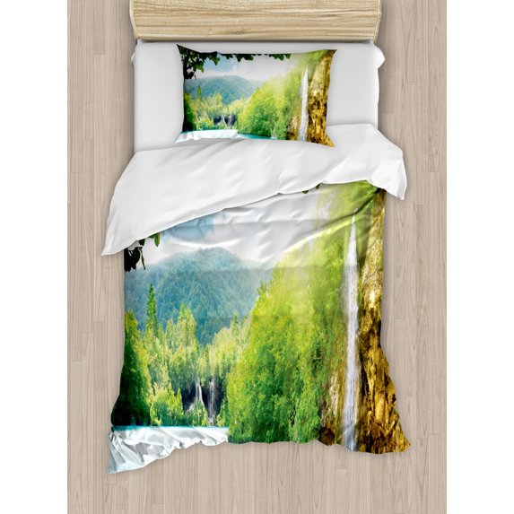 Waterfall Duvet Cover Set, Croatian Lake Landscape in Forest with Mountain View Background Work of Art, Decorative 2 Piece Bedding Set with 1 Pillow Shams, Twin Size, Green and Blue, by Ambesonne