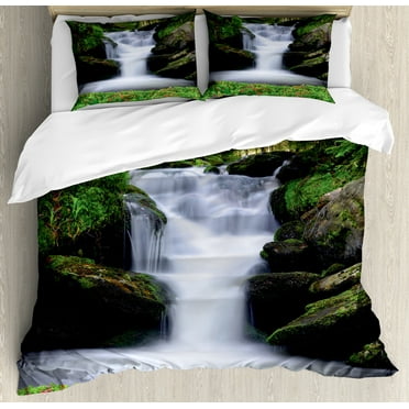 Waterfall Duvet Cover Set, Dream Like Image of Trees and Flowers in Forest Mother Nature, Decorative 3 Piece Bedding Set with 2 Pillow Shams, Calking Size, Green White, by Ambesonne