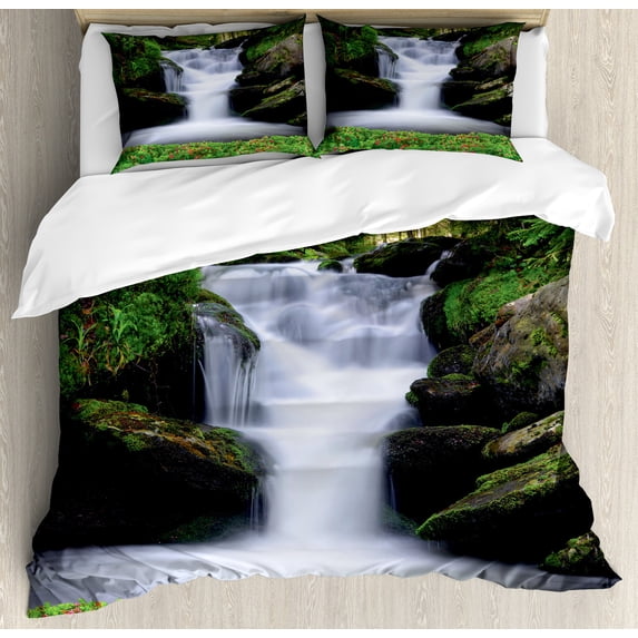 Waterfall Duvet Cover Set, Dream Like Image of Trees and Flowers in Forest Mother Nature, Decorative 3 Piece Bedding Set with 2 Pillow Shams, King Size, Green White, by Ambesonne