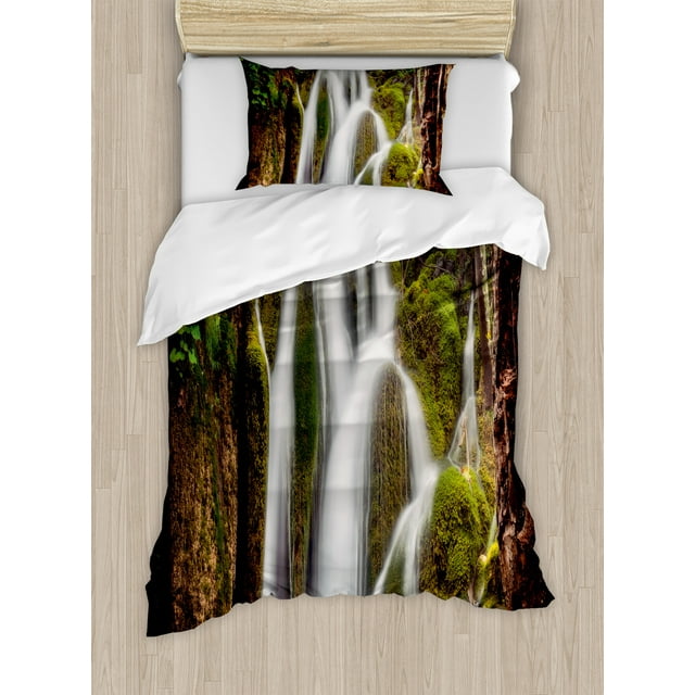 Waterfall Duvet Cover Set, Epic Waterfall down the Cliffs Deep in Forest Natural Wonders Cascade Picture, Decorative 2 Piece Bedding Set with 1 Pillow Shams, Twin Size, White Green, by Ambesonne