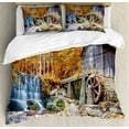 thumbnail image 1 of Waterfall Duvet Cover Set, Fall Season Image of Historical Water Mill and Waterfall Outdoor Nature Art, Decorative 3 Piece Bedding Set with 2 Pillow Shams, King Size, Yellow Brown, by Ambesonne, 1 of 3