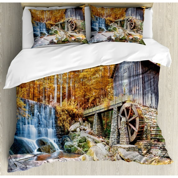 Waterfall Duvet Cover Set, Fall Season Image of Historical Water Mill and Waterfall Outdoor Nature Art, Decorative 3 Piece Bedding Set with 2 Pillow Shams, Queen Size, Yellow Brown, by Ambesonne