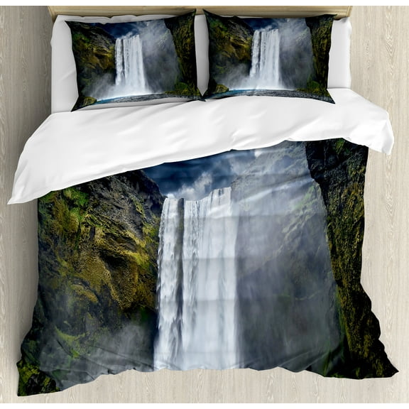 Waterfall Duvet Cover Set, Waterfall and Grand Cliffs in Northern America Force of Nature Art Print, Decorative 3 Piece Bedding Set with 2 Pillow Shams, Calking Size, Green Blue White, by Ambesonne
