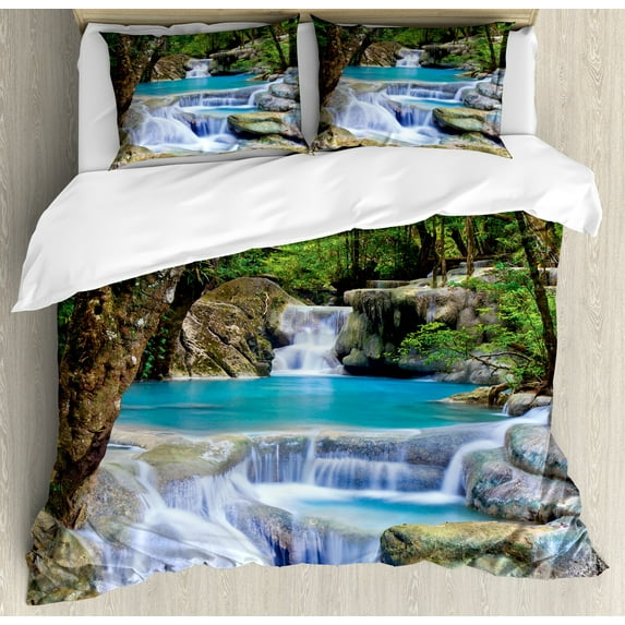 Waterfall Duvet Cover Set, Image of Waterfall by the Rocks in Forest Secret Paradise, Decorative 3 Piece Bedding Set with 2 Pillow Shams, Calking Size, Green Blue and Brown, by Ambesonne