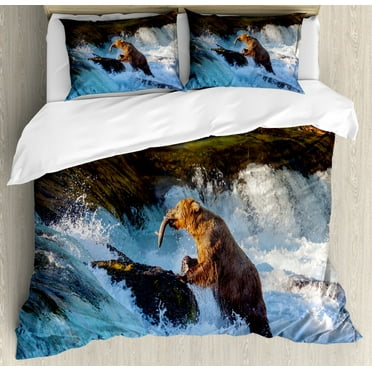 Waterfall Duvet Cover Set King Size, Image of Large Bear by a Rock in Alaska Waterfall Wildlife in Earth Art Print, Decorative 3 Piece Bedding Set with 2 Pillow Shams, Multicolor, by Ambesonne