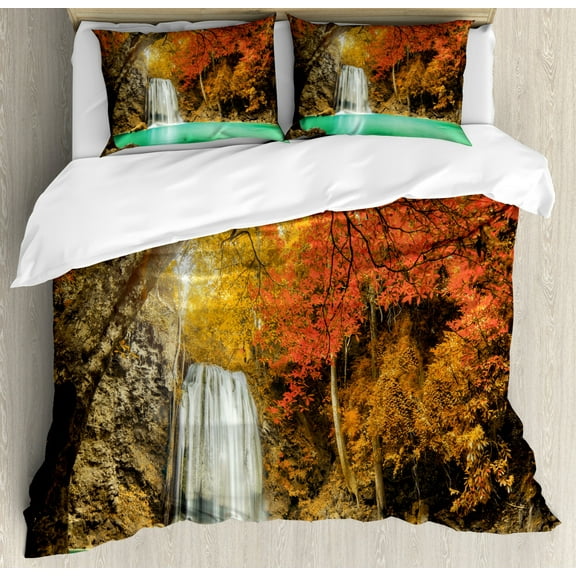 Waterfall Duvet Cover Set King Size, Majestic Waterfall Cascade in the Forest Flows down Crystal Pure Habitat View, Decorative 3 Piece Bedding Set with 2 Pillow Shams, Orange Blue, by Ambesonne