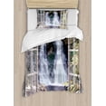 thumbnail image 1 of Waterfall Duvet Cover Set, Little Waterfall Nestled in the National Park Panoramic Fresh Environment River, Decorative 2 Piece Bedding Set with 1 Pillow Shams, Twin Size, Brown Green, by Ambesonne, 1 of 3