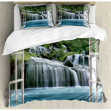 Waterfall Duvet Cover Set, Majestic Waterfall Landscape Through a Window Imaginary Secret Paradise Print, Decorative 3 Piece Bedding Set with 2 Pillow Shams, Calking Size, Blue Green, by Ambesonne