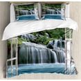 thumbnail image 1 of Waterfall Duvet Cover Set, Majestic Waterfall Landscape Through a Window Imaginary Secret Paradise Print, Decorative 3 Piece Bedding Set with 2 Pillow Shams, King Size, Blue Green, by Ambesonne, 1 of 3