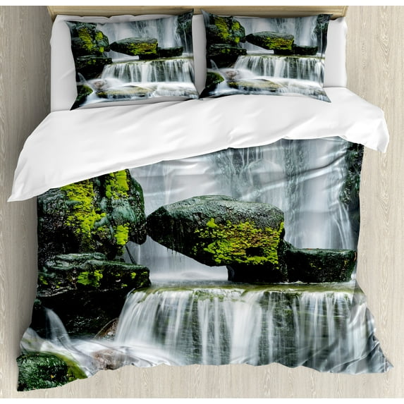 Waterfall Duvet Cover Set, Majestic River Blocked Massive Rocks Moss on Them Photo, Decorative 3 Piece Bedding Set with 2 Pillow Shams, King Size, Green Black and White, by Ambesonne