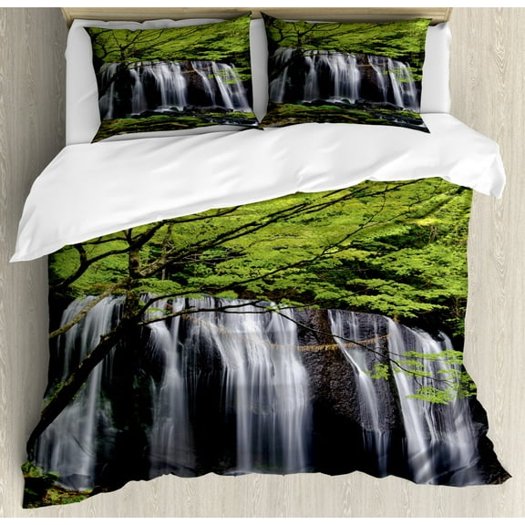 Waterfall Duvet Cover Set, Multiple Waterfalls Surrounded by Black Rocks and Green Trees Nature, Decorative 3 Piece Bedding Set with 2 Pillow Shams, King Size, Black White and Green, by Ambesonne