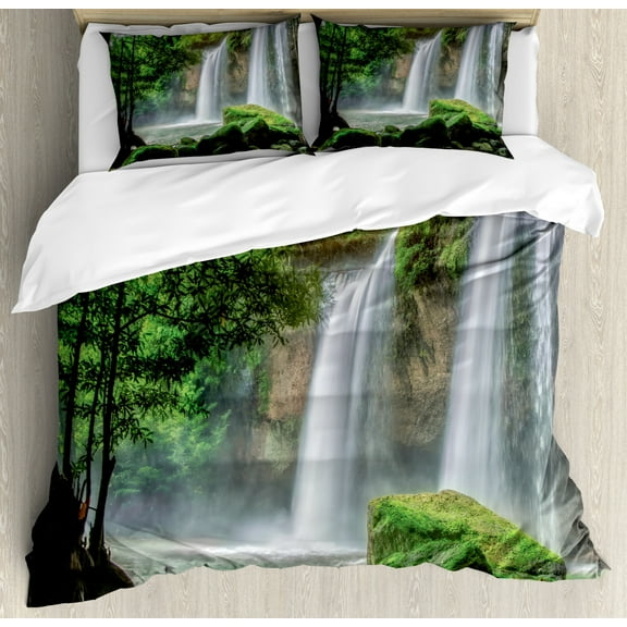 Waterfall Duvet Cover Set Queen Size, Cascade Stream in Exotic North Asian National Park Paradise Nature Surreal Print, Decorative 3 Piece Bedding Set with 2 Pillow Shams, White Green, by Ambesonne
