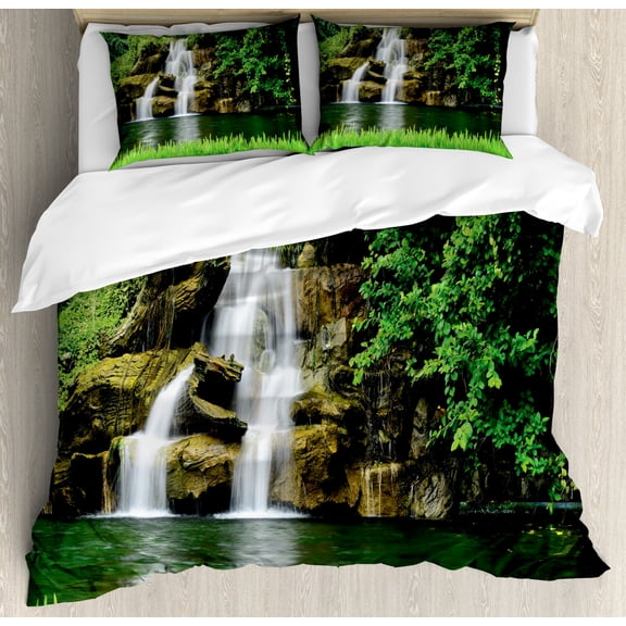 Waterfall Duvet Cover Set Queen Size, Double Waterfalls Flow to Natural Green Lake with Bushes and Grass like Garden Print, Decorative 3 Piece Bedding Set with 2 Pillow Shams, Green, by Ambesonne