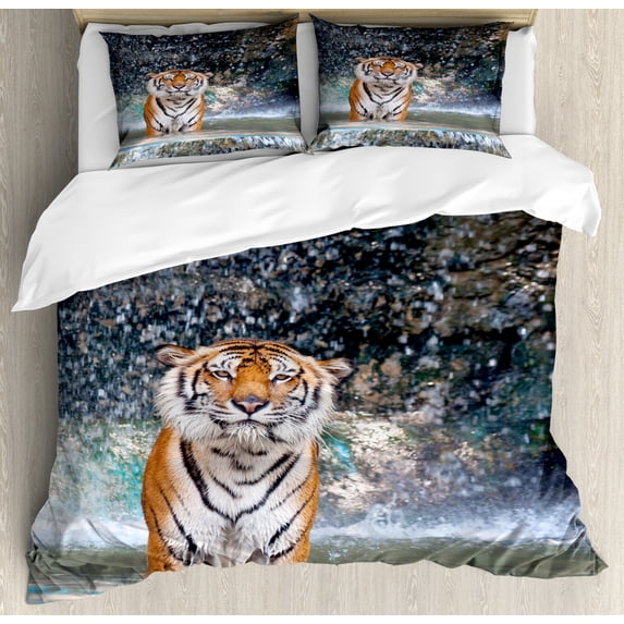 Waterfall Duvet Cover Set Queen Size, Image of a Large Majestic Tiger in the Waterfall Exotic Wildlife Animal in Nature, Decorative 3 Piece Bedding Set with 2 Pillow Shams, Multicolor, by Ambesonne
