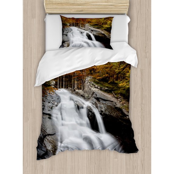Waterfall Duvet Cover Set, Water Falls to the Lake Through Rocks Surrounded by Fall Season Trees, Decorative 2 Piece Bedding Set with 1 Pillow Shams, Twin Size, White Green and Orange, by Ambesonne