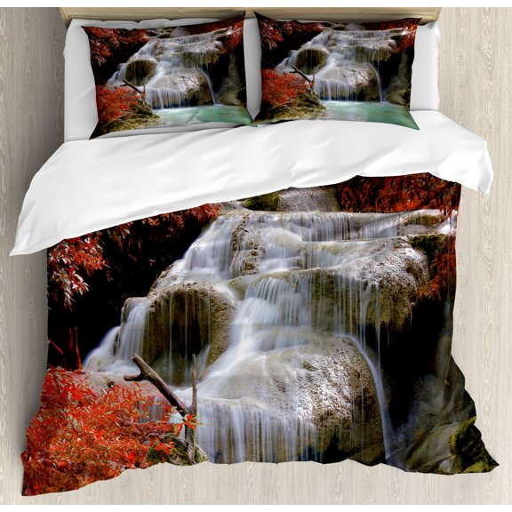 Ambesonne Landscape Duvet Cover Set, Fall Trees with Rock, King, Red White and Pale Brown