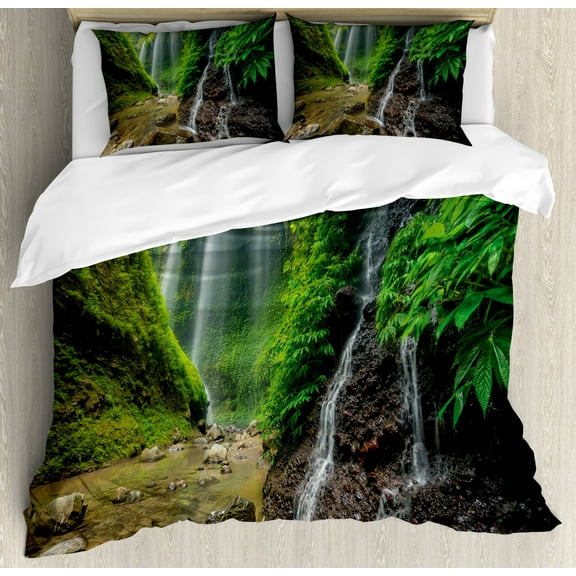 Waterfall Duvet Cover Set, Waterfalls Side Valley in Indonesia with Southeast Bushes Above Hills, Decorative 3 Piece Bedding Set with 2 Pillow Shams, King Size, Green and Brown, by Ambesonne
