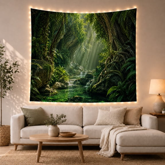 Waterfall Above an Emerald Pool Within a Mossy Rainforest, Peaceful Fantasy for Nature Lovers, Forest Wall Art, Housewarming Gift, Tapestry Wall Hanging for Bedroom and Den