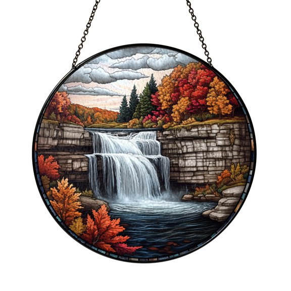 Waterfall Fall Landscape Stained Glass Window Decor, Hiking Nature Suncatcher