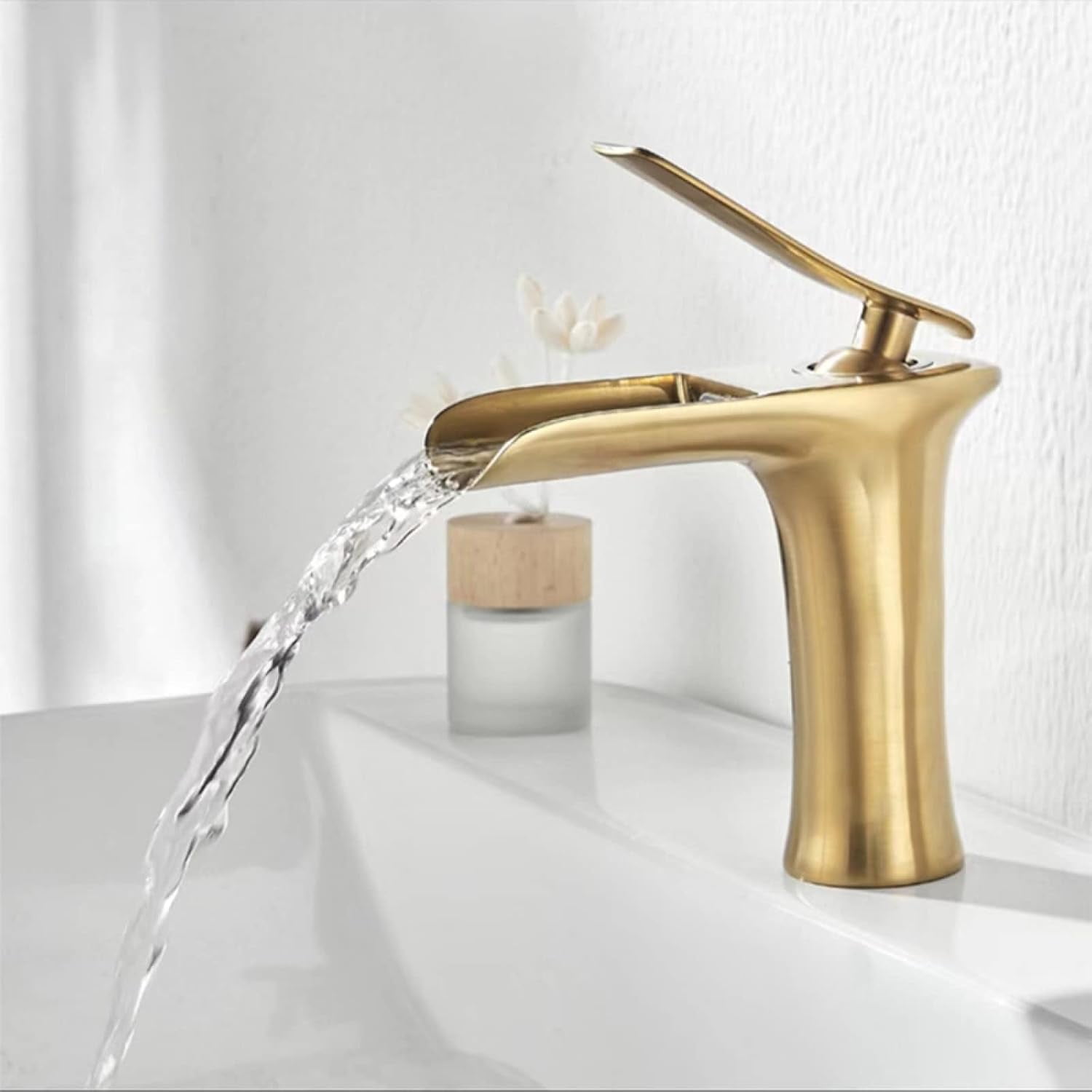 Waterfall Faucet for Bathroom Sink Brushed Gold, Solid Brass, Hot and Cold Water Mixer Tap, Waterfall Single Handle Bathroom Sink Faucet, High