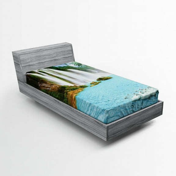 Ambesonne Waterfall Fitted Sheet, Lake and Swans Nature, Twin Size, Blue Green White