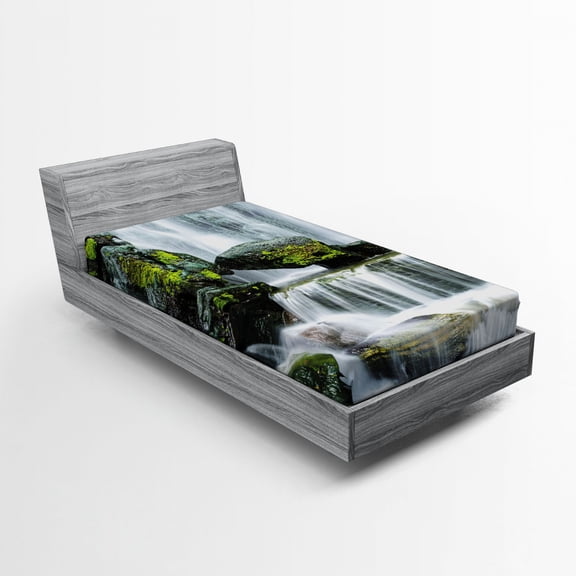 Ambesonne Landscape Fitted Sheet, Waterfall with Rocks, Twin Size, Green Black and White