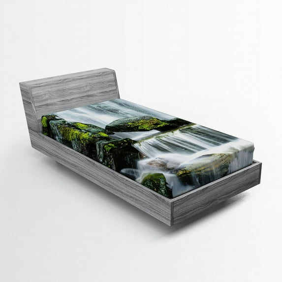 Ambesonne Landscape Fitted Sheet, Waterfall with Rocks, Twin XL Size, Green Black and White