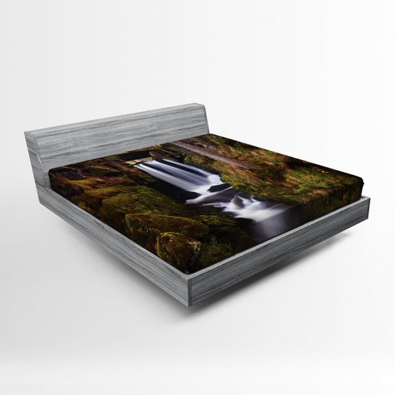 Waterfall Fitted Sheet, Waterfall Under Old Wooden Bridge in Forest Exotic Nature Theme, Soft Decorative Fabric Bedding, Full Size, Green Brown White, by Ambesonne