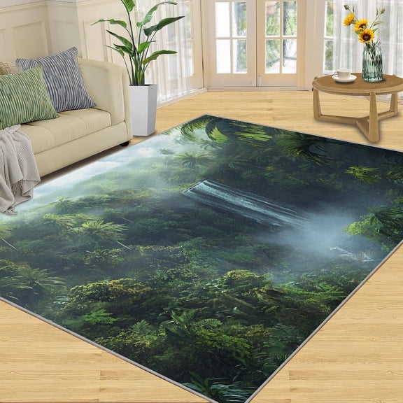 Waterfall Forest Area Rug, Jungle Woodland Washable Rug, Soft Non Slip Low Pile Carpet for Living Room Bedroom Home Decor 2x3ft