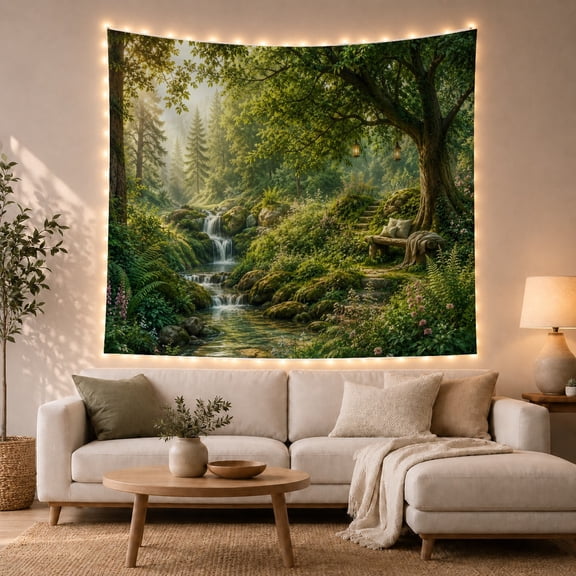 Waterfall Forest with Bench Beneath Tree, Serene Fantasy Style for Nature Lovers, Waterfall Wall Art, Housewarming Gift, Tapestry Wall Hanging for Bedroom and Reading Nook
