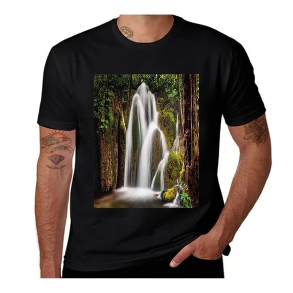 Waterfall Forest Cascade-Waterfall-White-Green- Casual Streetwea Everyday Tshirt Comfortable Wear tee shirt