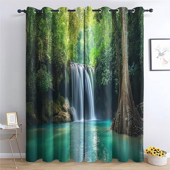 Waterfall Forest Curtains, Tropical Jungle Patterned Blackout Curtains for Bedroom Living Room Decor, Room Darkening Thermal Insulated Grommet Drapes 26"W x 54"L (Pack of 2)
