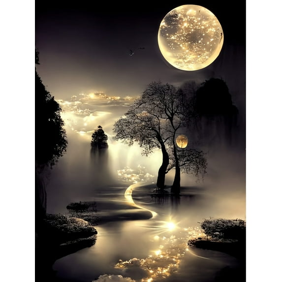 Waterfall Forest Landscape 5D Diamond Art Kits for Adults,Moonlight Diamond Painting Kits for Beginners,DIY Full Drill Diamond Dots with Gem Art Kits for Home Decor 12x16 inch