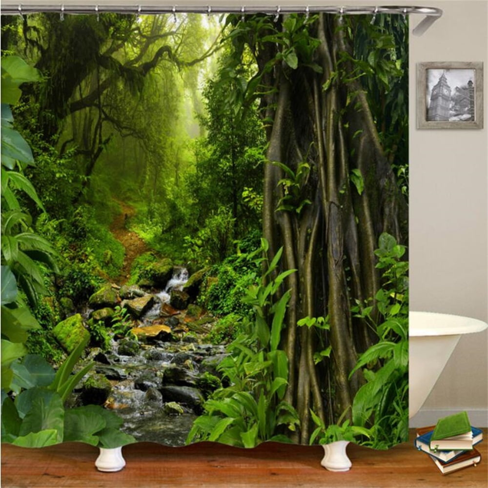 Waterfall Forest Natural Scenery Shower Curtain Tropical Jungle Plant ...